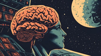 Poster - Intricate illustration of a human head with a brain and space background.