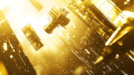 Poster - Golden futuristic cityscapes with dynamic light effects.