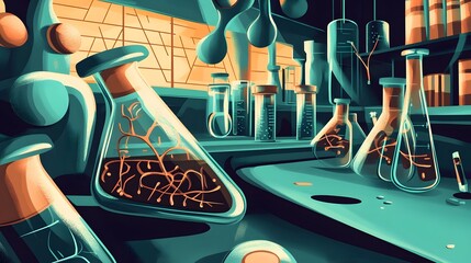 Poster - Vibrant laboratory scene with glassware and organic structures.