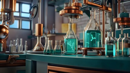 Poster - Detailed laboratory apparatus with various chemical containers.