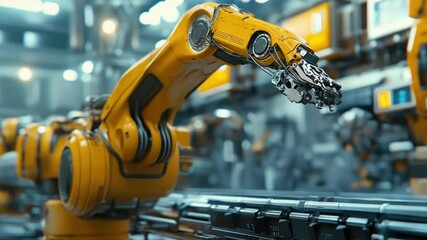 Poster - Advanced Industrial Robotic Arm Working in Modern Factory Environment with Futuristic Technology 4k video footage