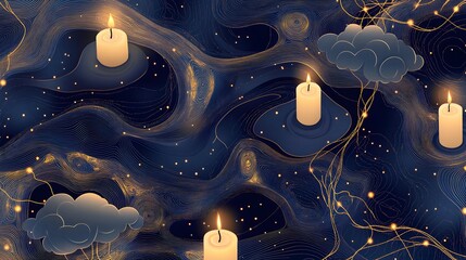 Poster - Dreamy night scene with glowing candles and clouds.