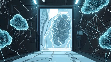Poster - Futuristic corridor opens to an unknown space entity.