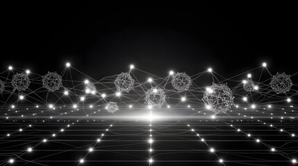 Poster - Abstract network design with luminous spheres and grid.