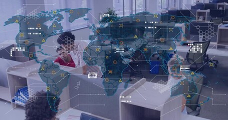 Poster - Coworker leaning over colleague pointing monitor initiating animated map overlay showing IT network