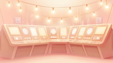 Poster - Pastel-toned interior control room scene.
