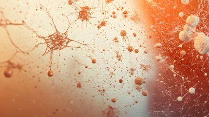 Poster - Complex network of neurons and cells, illuminated in warm tones.