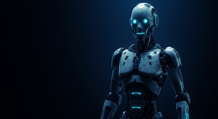 3D Illustration of a Futuristic Robot With Glowing Eyes on a Dark Background