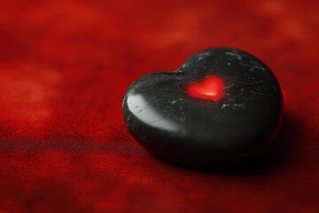 Poster - Black stone with glowing heart in vibrant red surroundings creates a captivating focal point, Black stone with glowing heartshaped center on red background