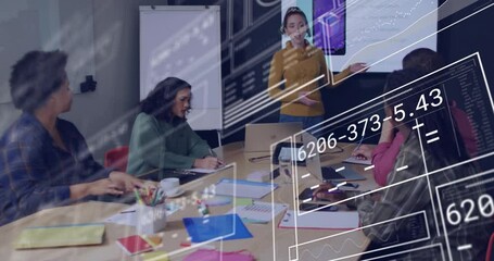 Poster - Presenter gesturing at screen and activating overlays visualizing data during business meeting