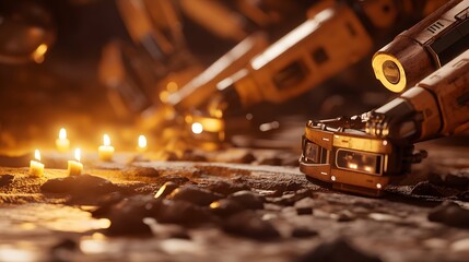 Poster - Close-up view of many mechanical arms on a dark surface.