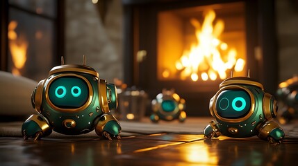 Poster - Two small, glowing robots by a warm fireplace.