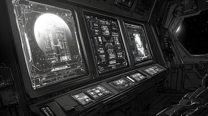 Poster - Interior view of a futuristic spacecraft control panel.