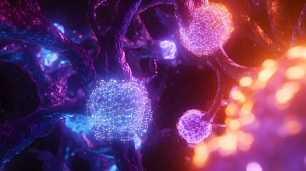 Poster - Complex neural network structure illuminated by glowing particles.