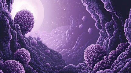 Poster - Purple landscape of microscopic structures under a moon.