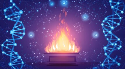 Poster - Burning pedestal surrounded by dna strands in a cosmic background.