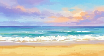  Illustration of Tranquil Beach at Sunset with Colorful Sky