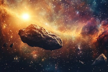 Wall Mural - asteroid floating through a star-filled space in a vibrant cosmic landscape, asteroid floating throu