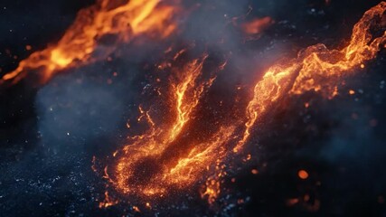Poster - Glowing Lava Flowing Through Dark Rocks in a Volcanic Landscape with Smoke and Heat Haze Effects 4k video footage