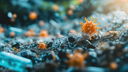 Poster - Vibrant Microscopic View of Virus Structure on a Dark Surface with Out of Focus Background Elements 4k video footage