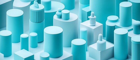 Poster - Abstract composition with geometric shapes in light blue, creating a minimalist architectural scene
