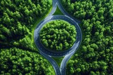 Aerial view of a circular road surrounded by dense green forest with lush trees inside the roundabout and extending into the horizon