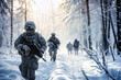 © Sachin - Soldiers on patrol through a snow-covered forest in winter, armed and ready for anything, wearing camouflage and helmets, with sunlight filtering through the trees.