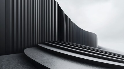 Poster - Monochromatic architectural geometry of a curved wall with subtle stairway