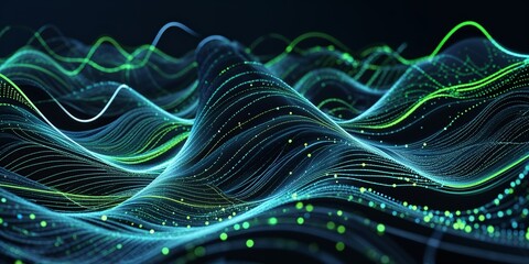 Aufkleber - Dynamic digital wave patterns representing data flow in a dark background with vibrant neon colors at night