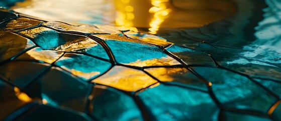 Fototapete - Abstract geometric pattern with iridescent, metallic turquoise and golden tones