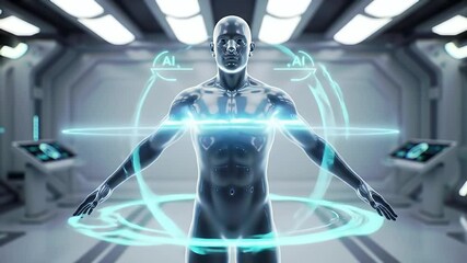Poster - Hologram Of Man In Modern Medical Scifi Setting With Blue Futuristic Interface And Advanced Technology In The Background In A 3D Render
