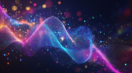 Fototapete - Abstract digital data wave with glowing particles and colorful light effects