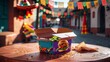 © New.New24 - Glossy Cardboard Burger Box with Mexican Street Decor and Tortilla Crumbs on Terracotta Table in Warm Sunlight