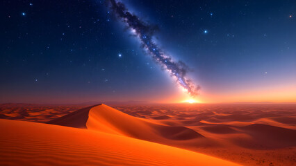Wall Mural - Desert Night Symphony: A mesmerizing nightscape unfolds above a serene desert, with the Milky Way arching across the vast expanse, casting a celestial glow over the undulating sand dunes.