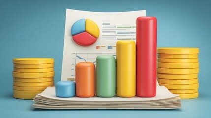 Poster - Detailed chart illustrating financial trends accompanied by a stack of coins symbolizing economic analysis and strategy