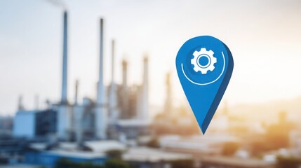 Poster - map pin with factory in background representing industry disruption timing predictions and economic 