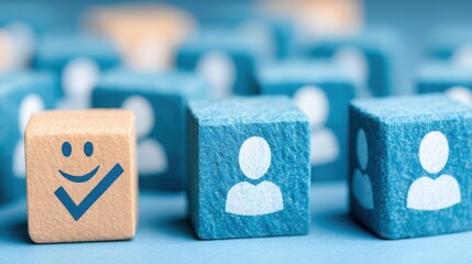 Poster - Group of wooden blocks arranged with blue and white icon representing product-market match predictor concept