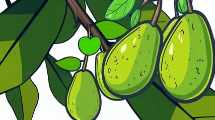 A whimsical cartoon illustration of ripe guavas hanging from a vibrant tree branch