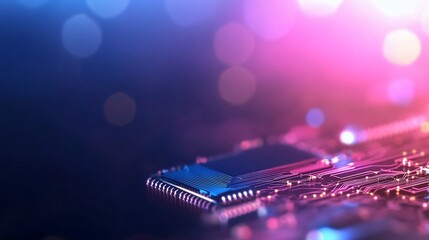 Close-up of a microchip on a circuit board. Futuristic, colorful, illuminated
