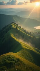 Aufkleber - Golden Hour Glow on Rolling Hills: A Serene Landscape with Mist and Distant Peaks at Sunrise