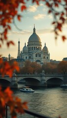 Poster - Elegant Dome and Autumn Leaves Framed by Bridge Over Tranquil Waterway at Sunset