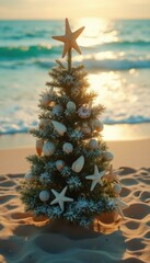 Poster - Christmas Tree with Seashell Ornaments on a Beach at Sunset - Holiday Season by the Ocean