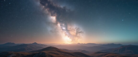 Aufkleber - Majestic Milky Way Arches Over Rolling Mountain Ridges at Twilight in a Serene Vista with Celestial Light