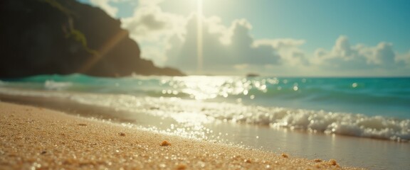 Poster - Serene Beachscape with Golden Sand, Turquoise Water, and a Distant Headland Under a Bright, Sunny Sky