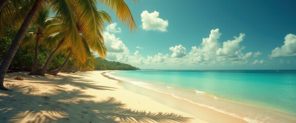 Poster - Serene Tropical Beach with Turquoise Water and Palm Trees under a Clear Blue Sky on a Sunny Day