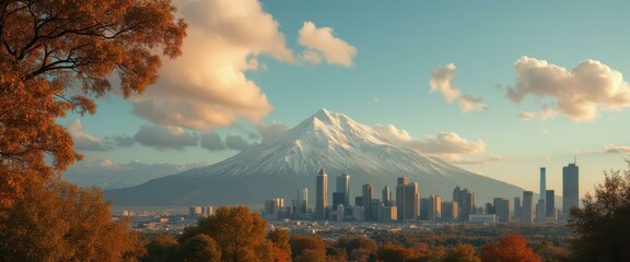 Poster - Scenic Panorama of a Fictional Cityscape with Snowy Mountain Backdrop and Golden Autumn Foliage
