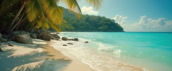 Poster - Serene Tropical Beach with Palm Trees, Turquoise Water, and Smooth Sand - Relaxing Coastal Scene