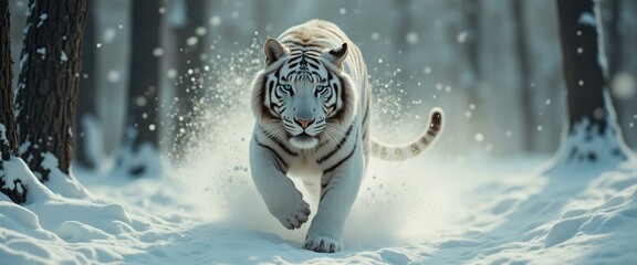 Poster - Majestic white tiger strides powerfully through snow-covered forest, its piercing blue eyes fixed ahead, muscles rippling beneath