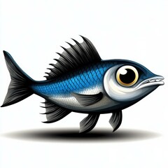 Poster - Cartoon Sea Mullet Fish with Big Eyes, Sharp Fins, and Blue Scales on a White Background, Designed for Animated Storytelling