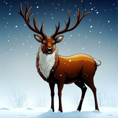 Poster - A majestic red deer stands tall amidst a snowy landscape with falling snow, showcasing its impressive antlers and winter adaptation.